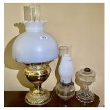 2 glass oil lamps, converted brass oil lamp