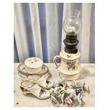 Porcelain lamp, napkin rings, shoes,