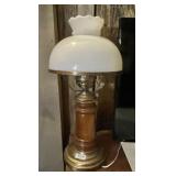 Brass and wood table lamp with glass shade