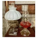 2 glass oil lamps --one converted to electric