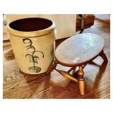 3 gallon stoneware crock & vintage footstool