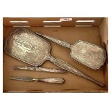Sterling silver hand mirror, brush, comb handle