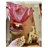 Antique cranberry glass oil lamp w/wall bracket