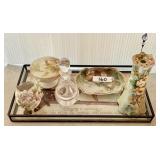 Tray with hatpin holder, perfume bottle,