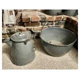 Graniteware coffee pot and 18" kettle
