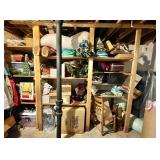 Contents of 3 sections of wood shelving