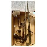 2 primitive cast iron hanging scales, single tree,