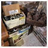 Canning jars, canner, basket w/pine cones,