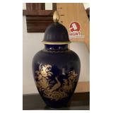 Heinrich blue ceramic urn with gold trim