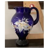 Hand painted blue glass pitcher