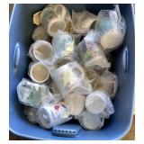 Tote of coffee mugs and 2 boxes of tins