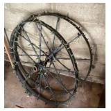 Pair of 32" iron wagon wheels w/Christmas lights
