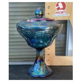 Blue iridescent glass candy dish