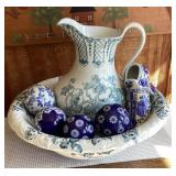 Blue transferware pitcher and bowl