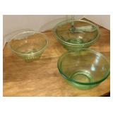 3 green Depression uranium glass mixing bowls
