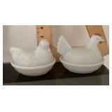 2 milk glass hens on nest