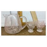 Glass spaghetti string pitcher and 4 cups