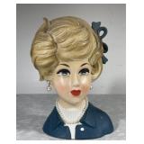Ceramic lady head vase w/ earrings & necklace