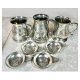 3 pewter tankards & 4 pewter wine tasting cups