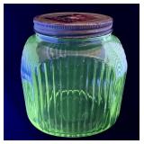 Green Depression uranium glass canister jar