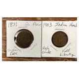 1871 2-cent piece and 1903 Indian head penny