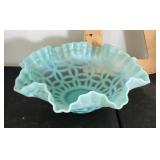 Turquoise opalescent ruffled glass bowl