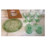 7 pieces green Depression glass