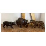 Carved wood water buffalo, bison, zebra