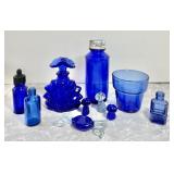 Cobalt blue glass bottles, etc.