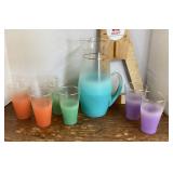 MCM frosted pitcher and 6 glasses set