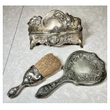 Vintage jewelry casket, clothes brush, mirror