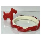 Red Bakelite Scottie brooch, red/white bangle