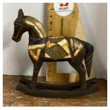 Hand carved wood rocking horse figure with inlay