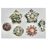 6 large costume jewelry rhinestone brooches