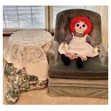 Upholstered chair, Raggedy Ann, round table