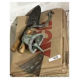 Cast metal bell, lawn & leaf bags, tools