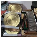 3 boxes of gold chargers, warming tray, knives