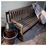 Wooden garden bench, plastic planter pots