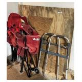 Corner group with wood, bag chairs, walker