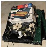 Patio furniture cover, cushions, Pyrex casserole