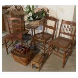 3 wood chairs, small table, picnic basket, etc.