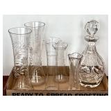 Crystal decanter, etched crystal vases