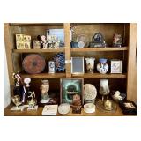 3 shelves of dï¿½cor, souvenirs, trophies
