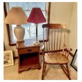 Rocking chair, nightstand, 2 table lamps