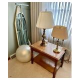 End table, 2 brass lamps, exercise ball,