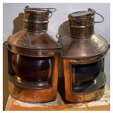 Pair of copper ship lanterns, punchbowl set