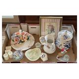 Flat w/porcelain, pottery, art glass paperweight