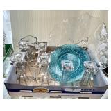 Flat with glass candlesticks, blue pressed glass,