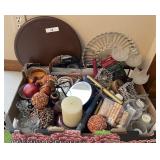 Flat with candles, wood lazy susan, glass tray