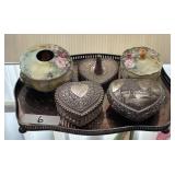 Silverplate dresser tray w/trinket boxes